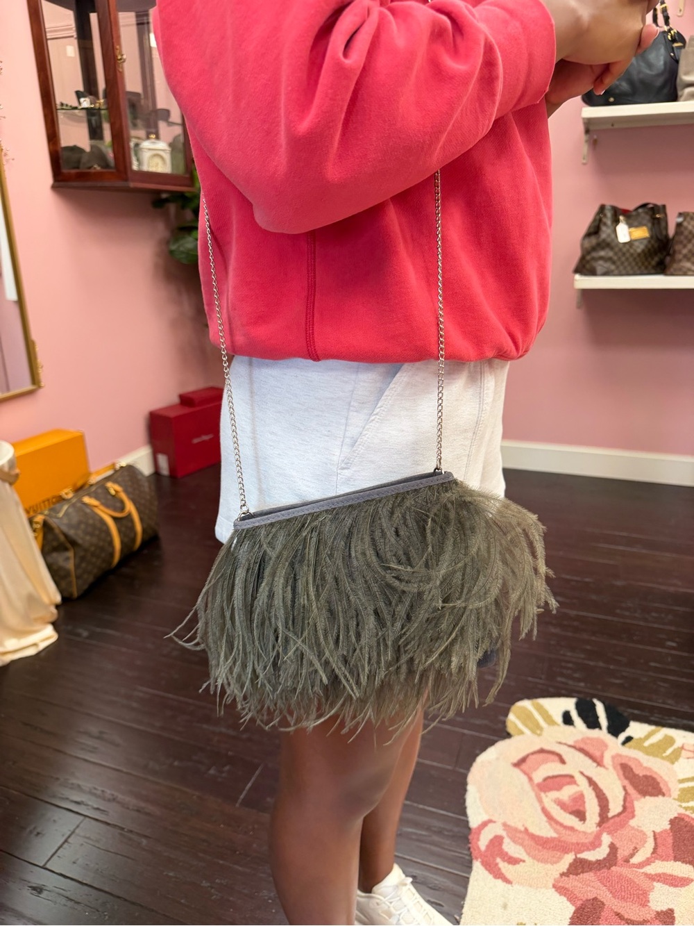 Ostrich Olive Feather-Trim Wristlet Clutch from South America with Chain Strap